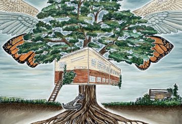 painting by Krista Heide with a tree with deep roots