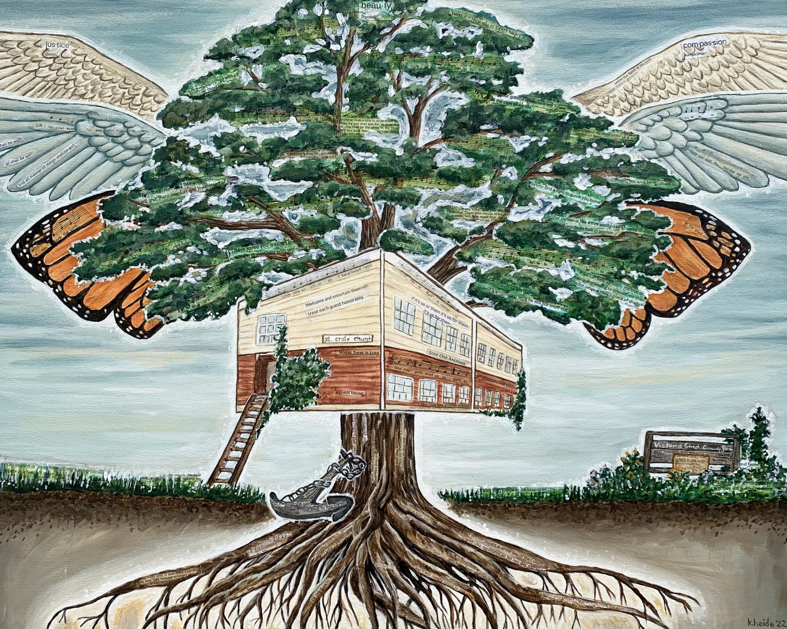 painting by Krista Heide with a tree with deep roots