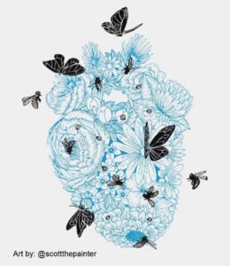 drawing of heart made of flowers with bees and butterflies