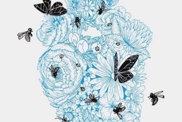 drawing of heart made of flowers with bees and butterflies