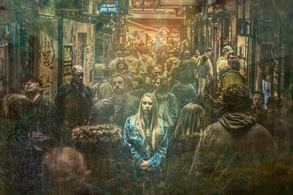 woman alone in a crowd