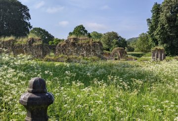 English field with abbey ruins