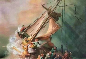 Jesus and disciples in a boat on rough seas