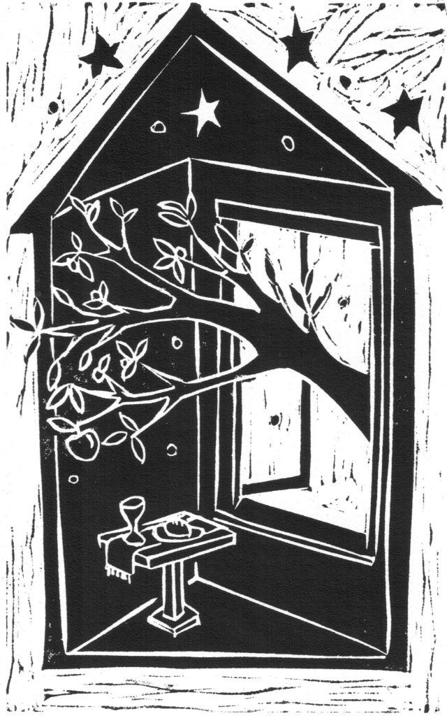 Helen's lino-cut image, cover of our Alternate Liturgy