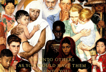 A diverse group of people are all included in the verse: Do unto others...