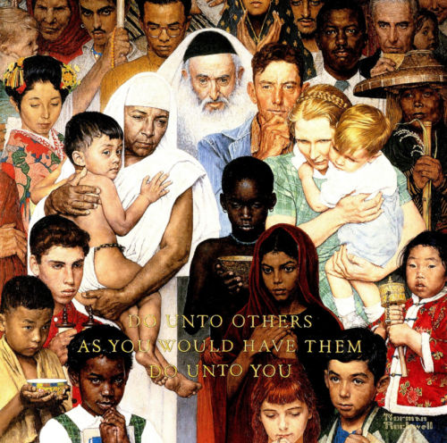 A diverse group of people are all included in the verse: Do unto others...
